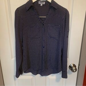 Express Navy and White Polka Dot Button-Down Blouse